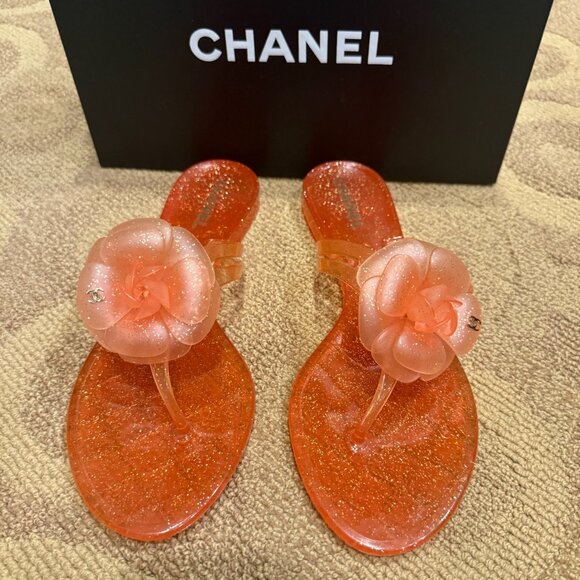 Chanel Orange Sparkle Jelly Flower Sandals - Picture 1 of 2